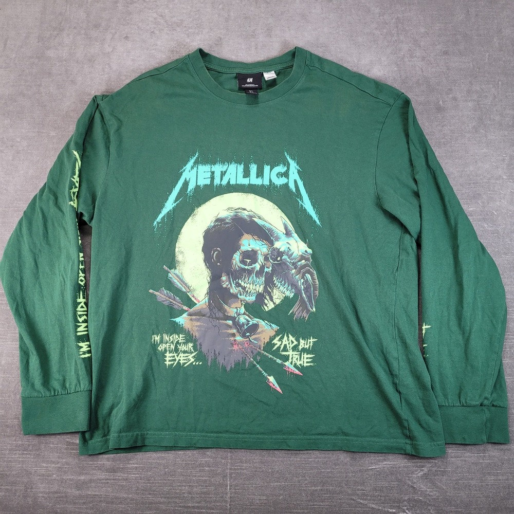 H&M Metallica Sad But True Graphic Long Sleeve T-Shirt Mens Large Green Relaxed